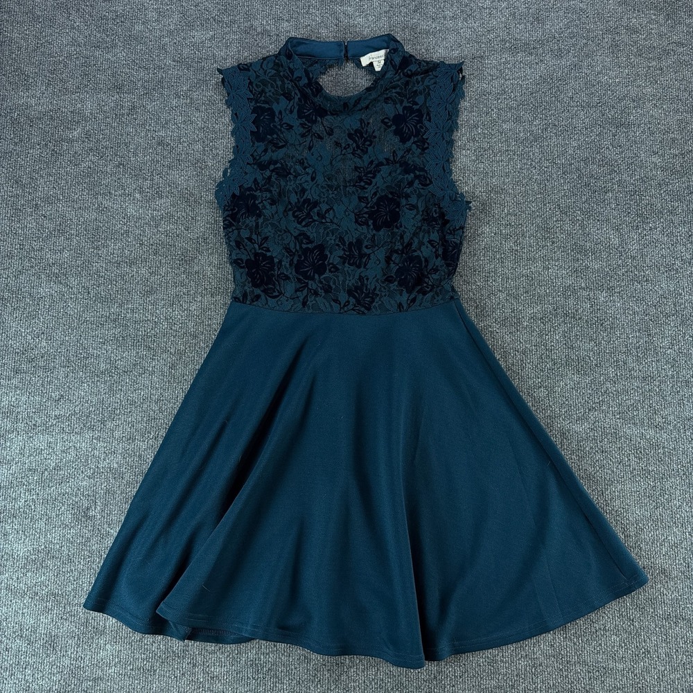 Francescas Teal Lace Velvet Whimsigoth Dress Sleeveless High Neck Keyhole M‎